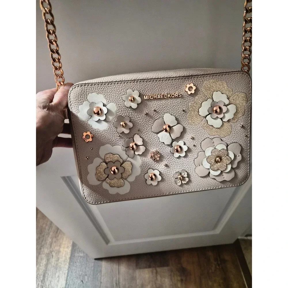 Michael Kors Jet Set EW Floral Applique Crossbody Bag Pink Beige Rose Gold - Picture 3 of 12